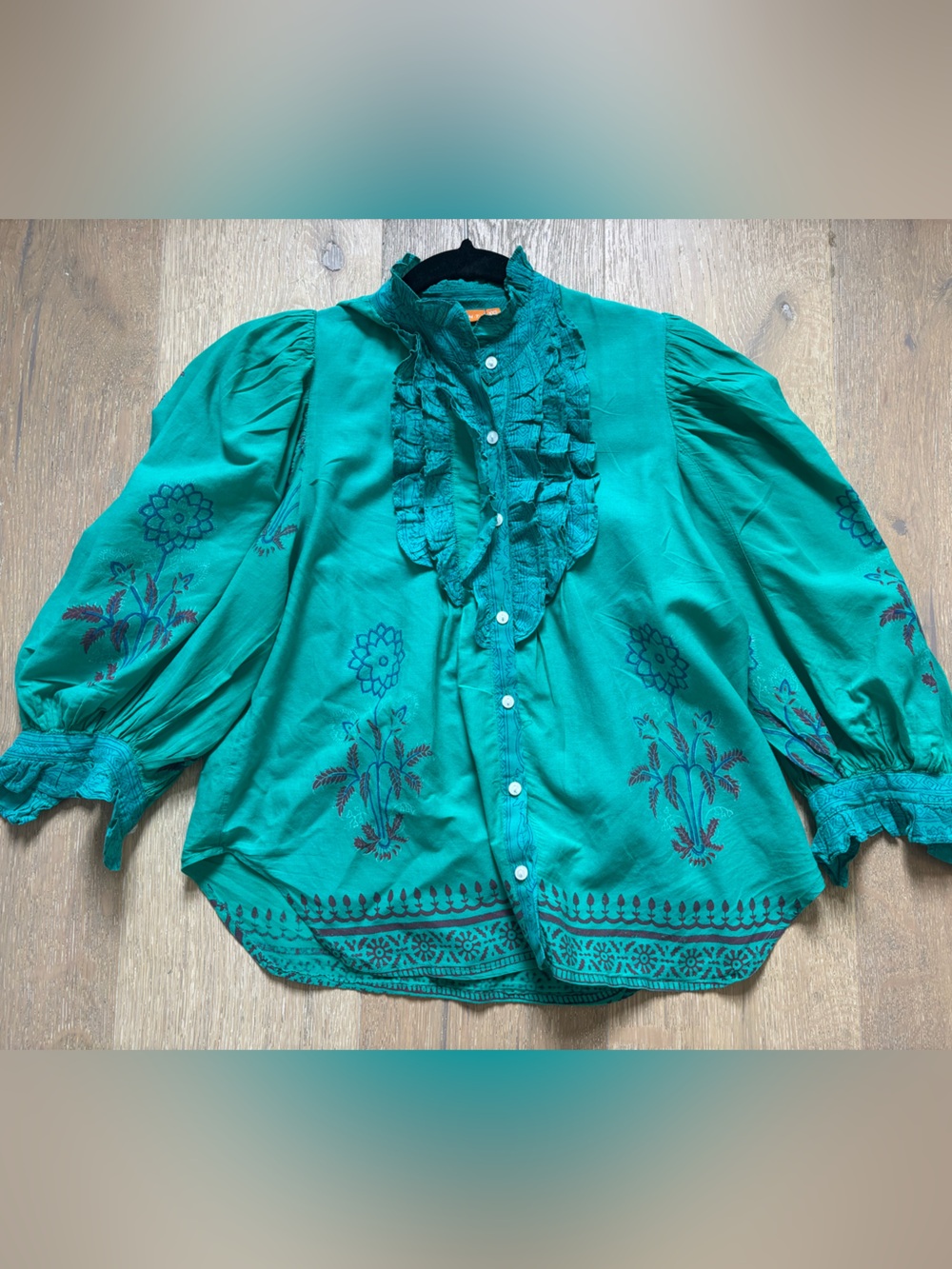 Oliphant Women's Teal Embroidered Ruffle Button-Front Top XXS